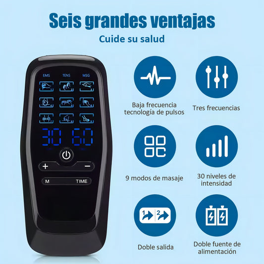 Masajeador Tens Portátil 9 Modos 4 Parches Dolor Muscular Negro