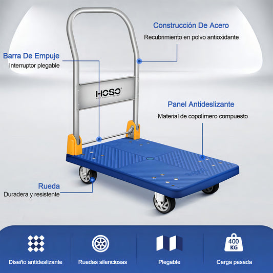 Carro De Mano Plegable Hoso 400kg Ruedas Silenciosas Tpr Acero