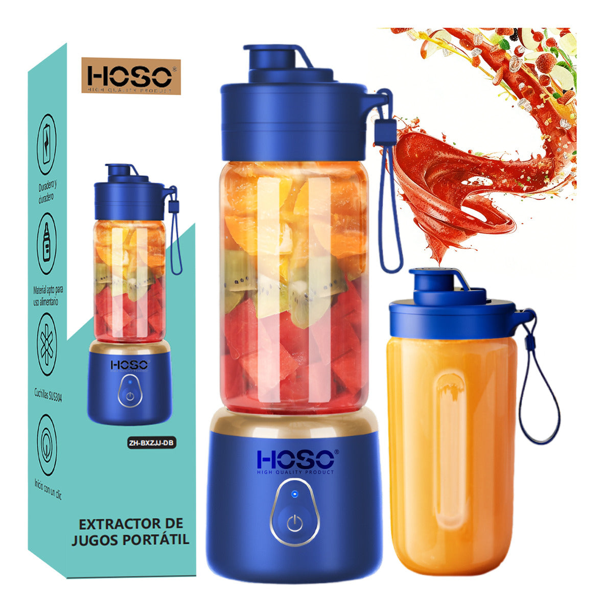 Licuadora Portatil Recargable 400ml + Vaso 500ml Con Tapa Color Azul