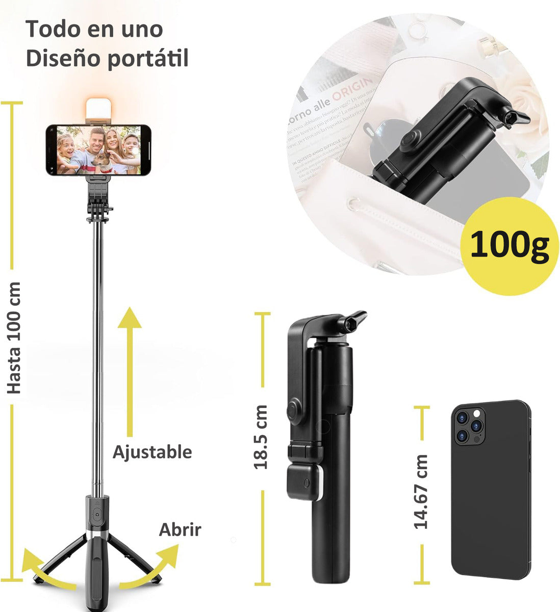 Trípode De Palo Selfie Para Móvil 1m Luz Control Bluetooth Color Negro
