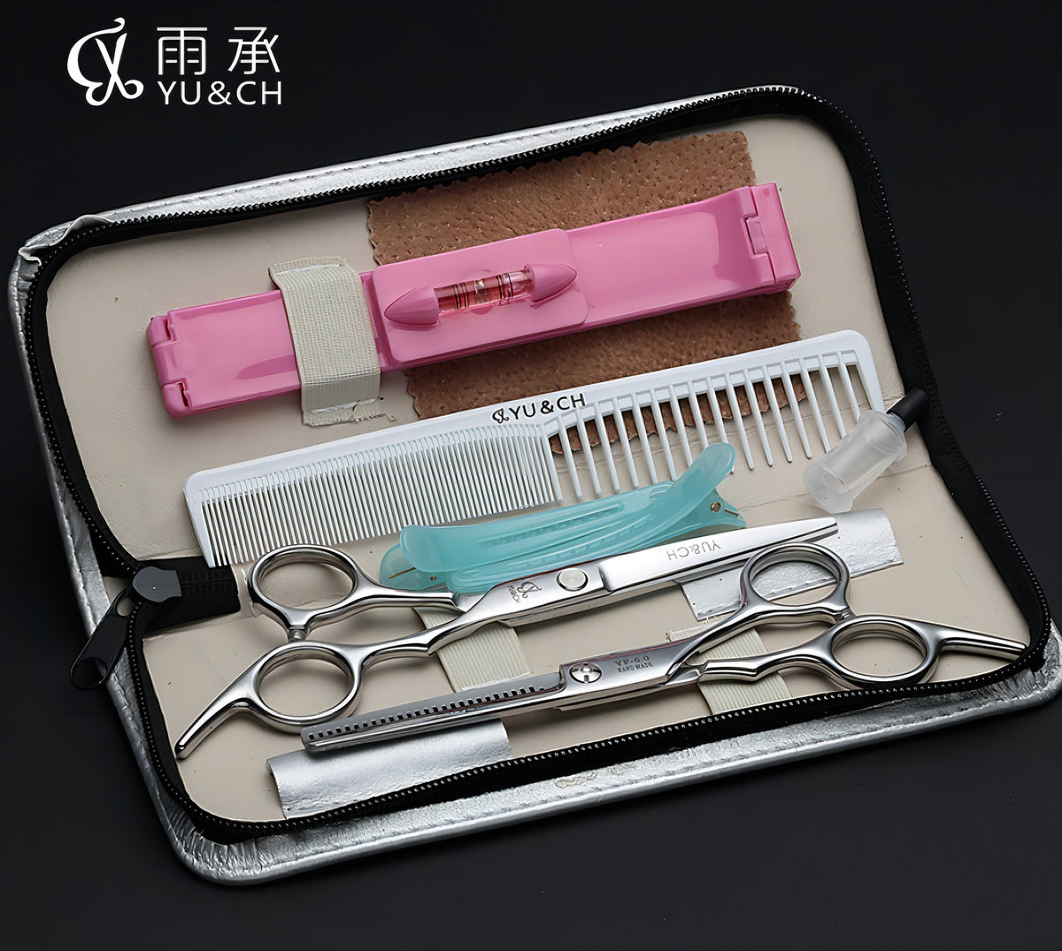 Set Tijera Filo Navaja+esculpidora+estuche+peine Nivelador