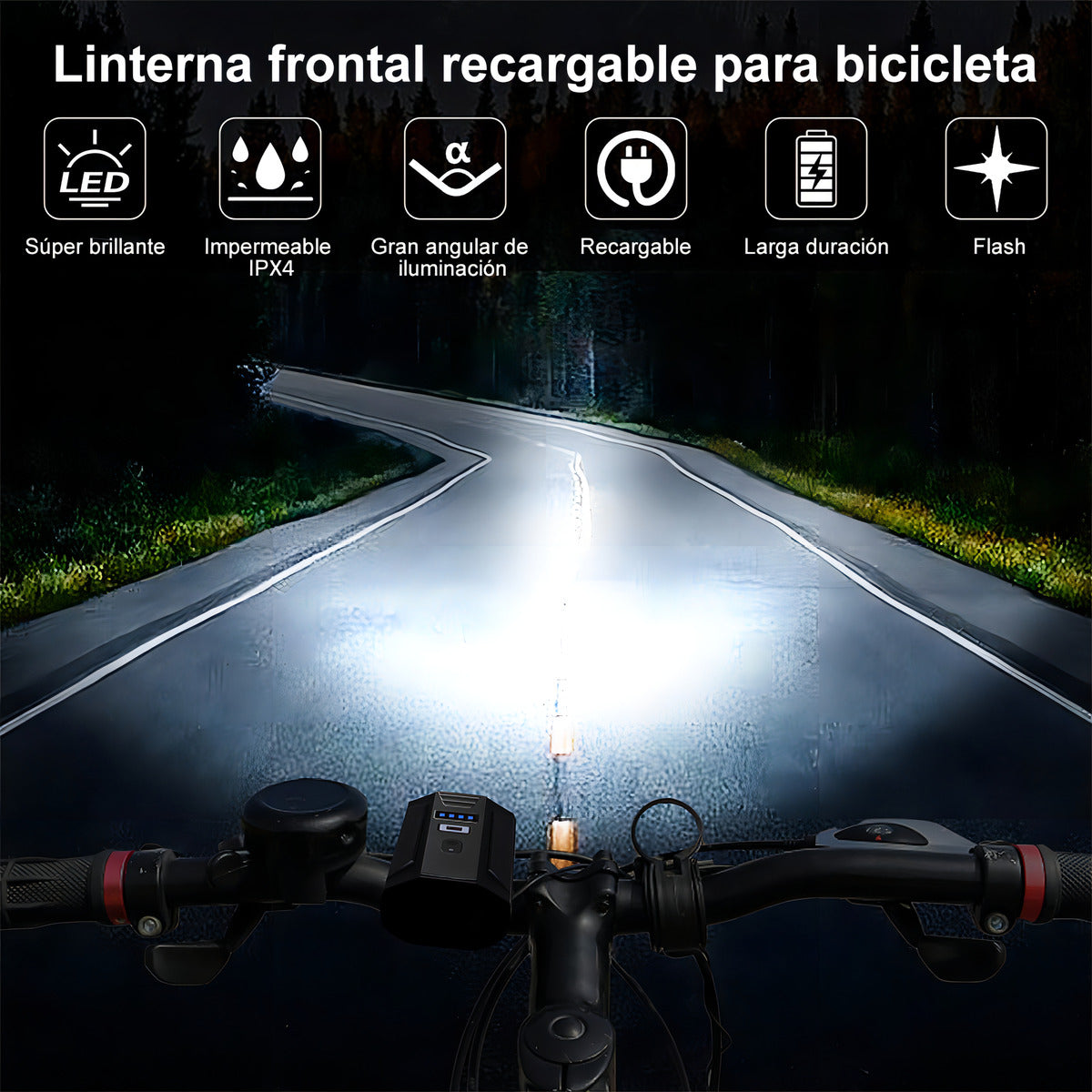 Luz Para Bicicleta Delante Led Usb-c Iluminación Sensible Color Negro