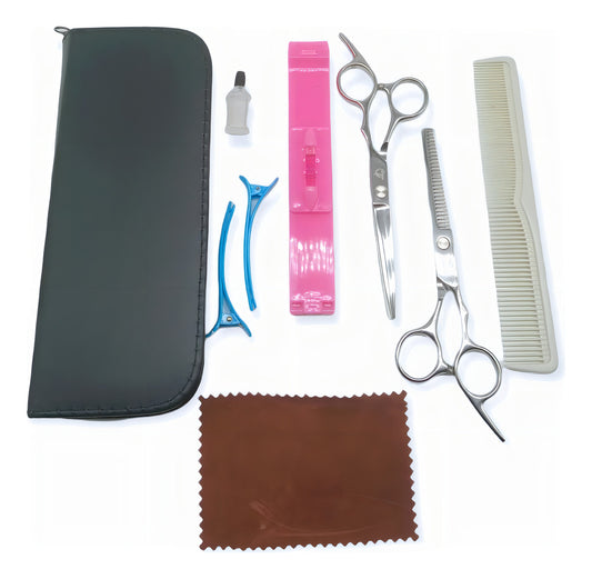 Set Tijera Filo Navaja+esculpidora+estuche+peine Nivelador