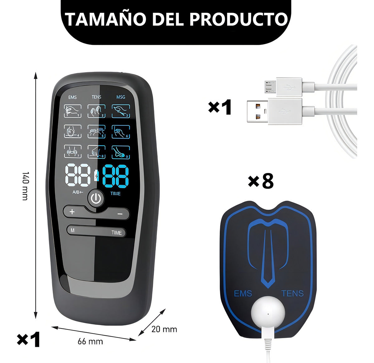 Masajeador Tens Portátil 9 Modos 4 Parches Dolor Muscular Negro
