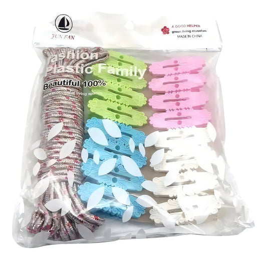Pinza Para Colgar Ropa 16 Unidades + Cuerda Color Variados