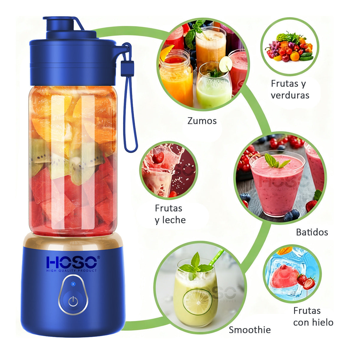 Licuadora Portatil Recargable 400ml + Vaso 500ml Con Tapa Color Azul