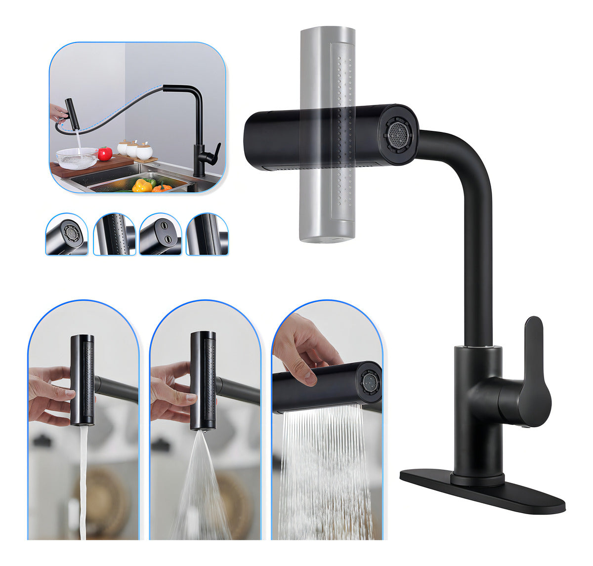 Llave Cocina Grifo Multifunción 4 Modos Dosificación De Agua Acabado Mate Color Negro
