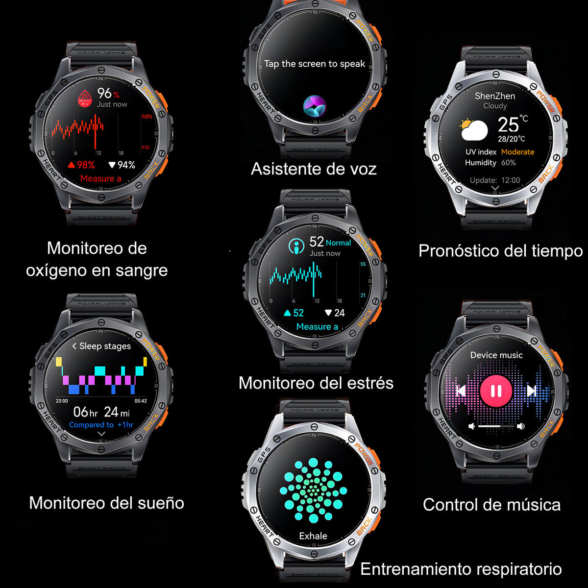 Militar Reloj Smartwatch Hombre Con Linterna Bluetooth Gps Caja Negro