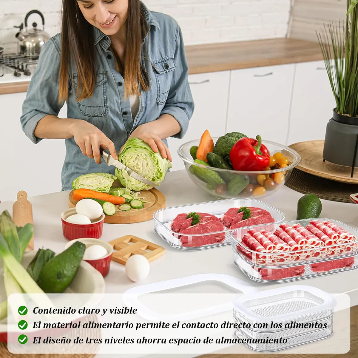 Contenedor Plástico Para Carne Triple Con Tapa Frescura Color Transparente