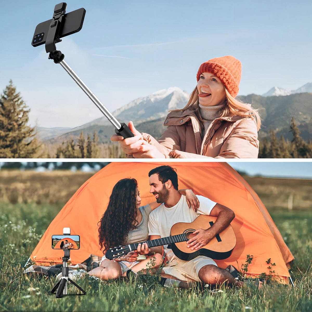 Trípode De Palo Selfie Para Móvil 1m Luz Control Bluetooth Color Negro