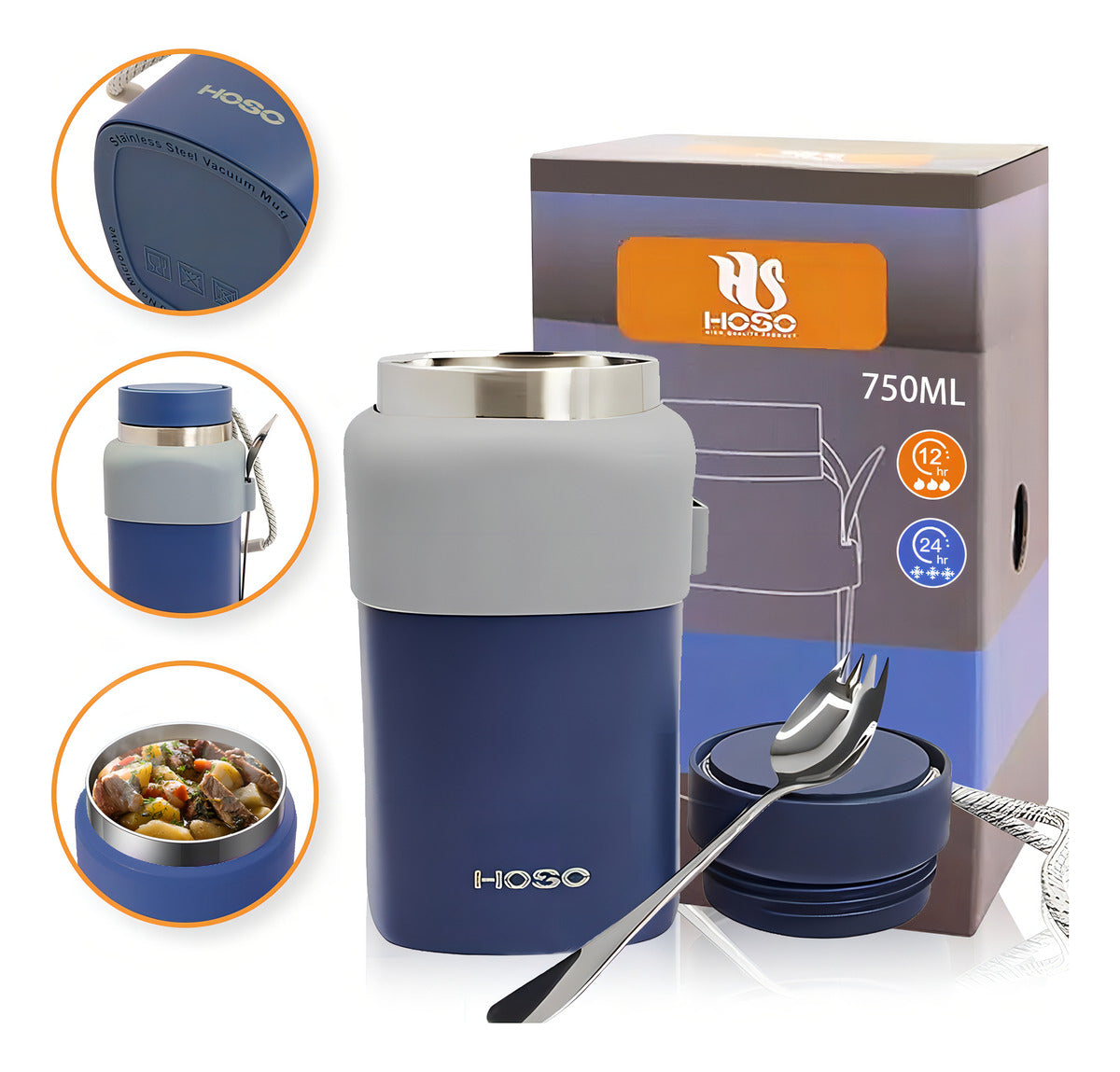 Hoso Termo Agua Grande Comida Caliente Botella Termica 750ml Color Azul Marino