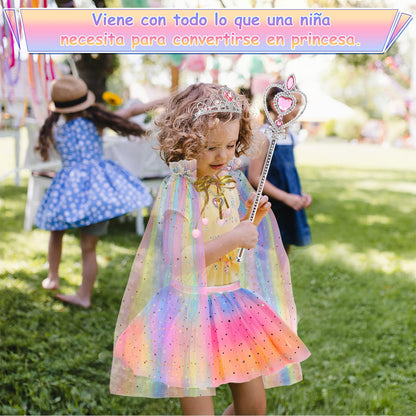 Vestido Princesa Halloween Niñas Capa Larga Brillante + Falda Corta Con Piedras