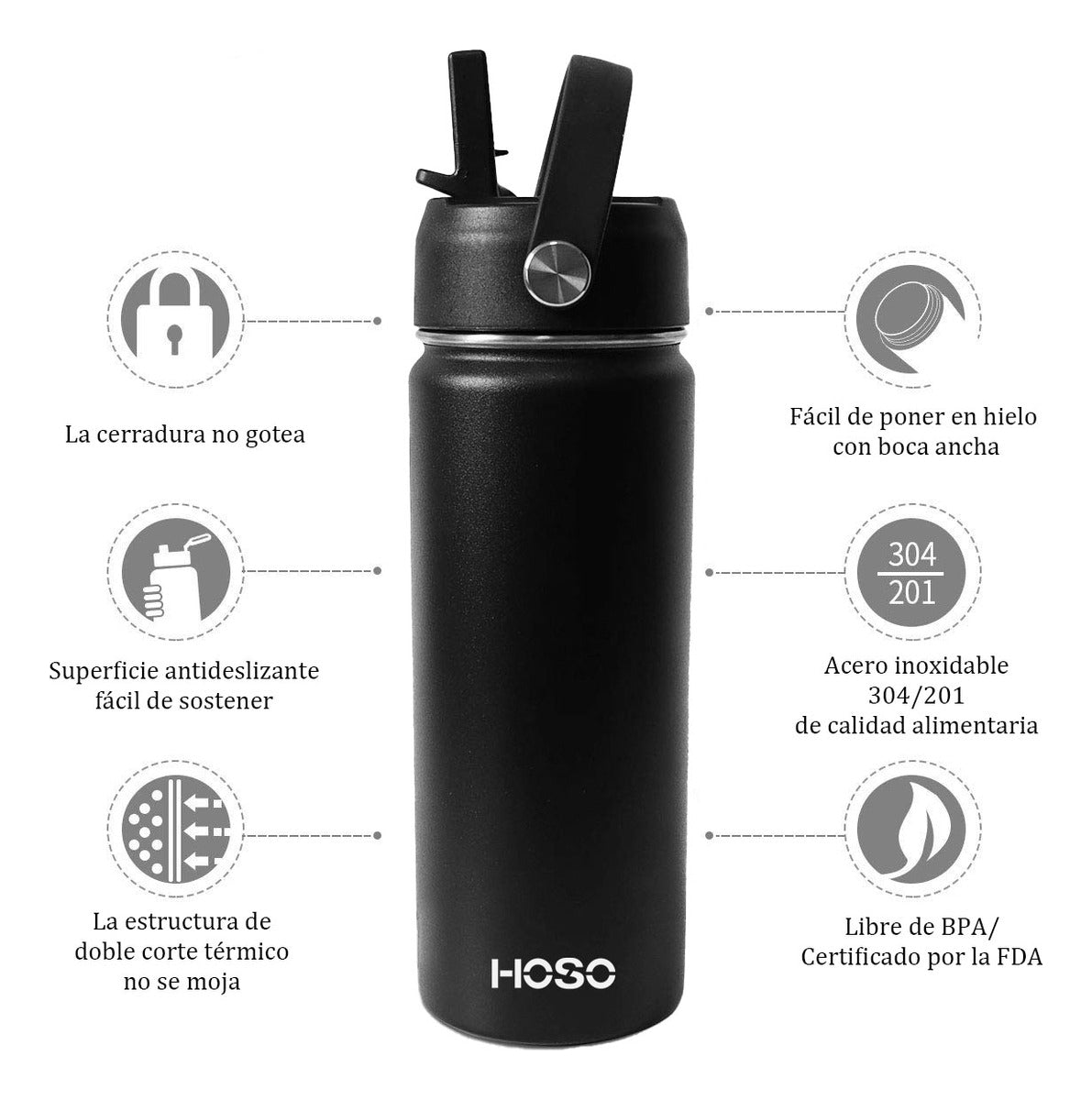 Termo Botella Agua Termica Acero Inoxidable Hoso + 2 Tapas
