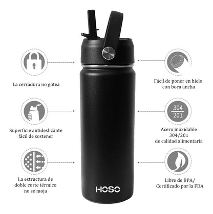 Termo Botella Agua Termica Acero Inoxidable Hoso + 2 Tapas