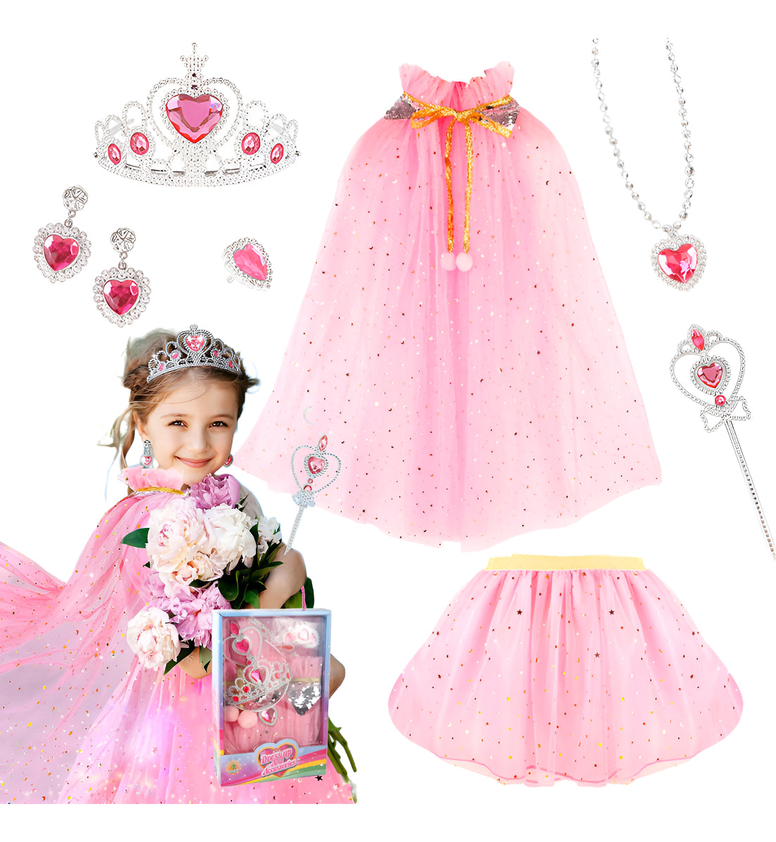 Vestido Princesa Halloween Niñas Capa Larga Brillante + Falda Corta Con Piedras