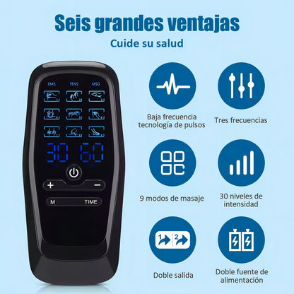 Masajeador Tens Portátil 9 Modos 4 Parches Dolor Muscular Negro