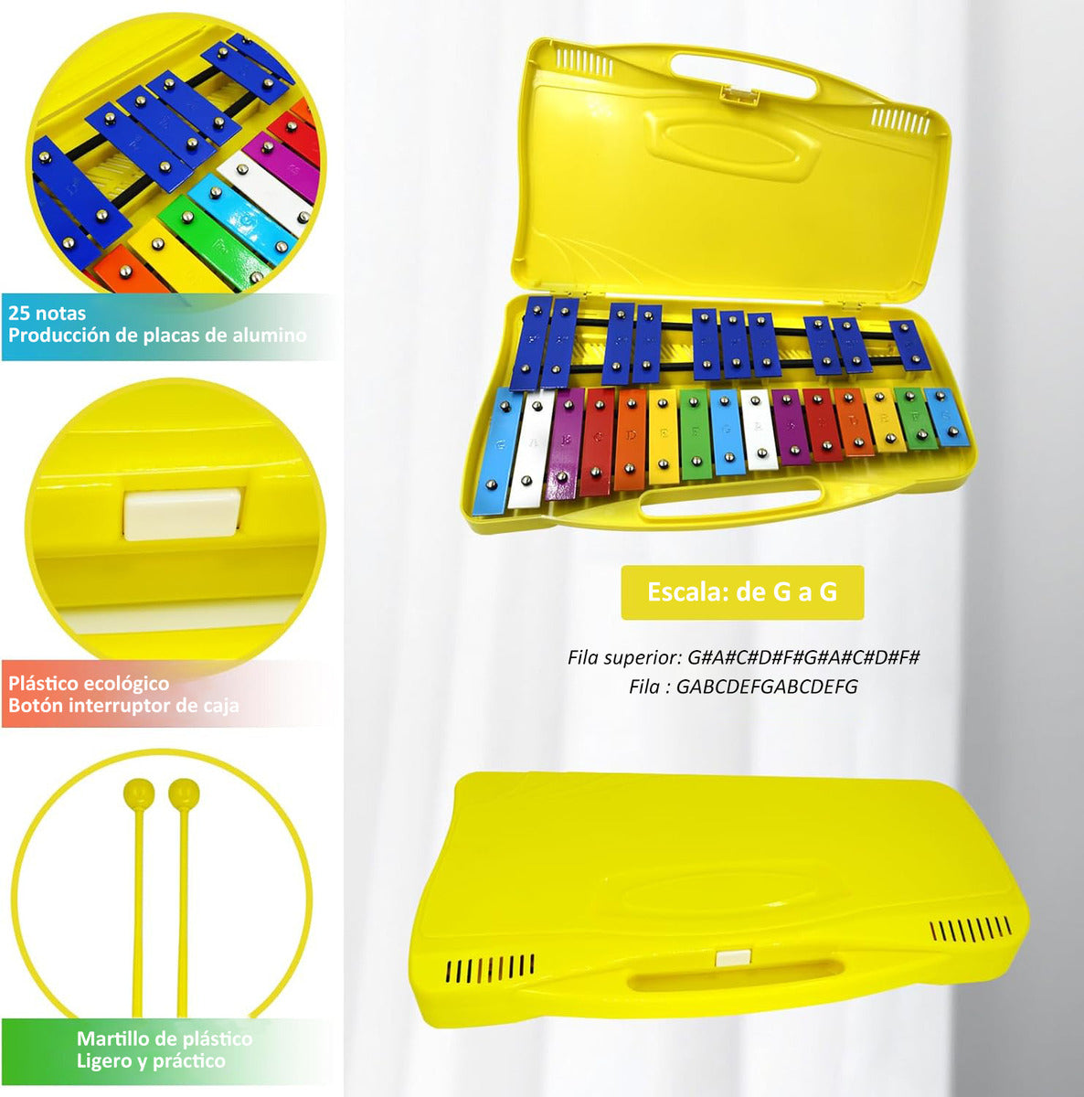 Metalófono Escolares Cromático Percusión 25 Notas 4 Colores
