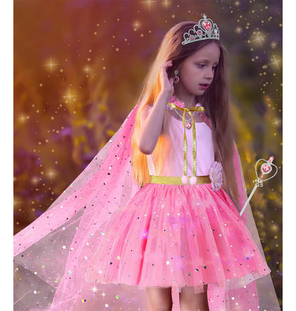 Vestido Princesa Halloween Niñas Capa Larga Brillante + Falda Corta Con Piedras