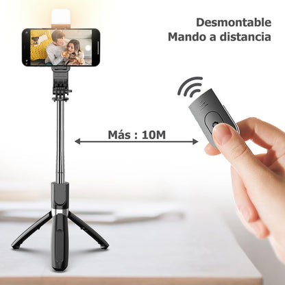Trípode De Palo Selfie Para Móvil 1m Luz Control Bluetooth Color Negro