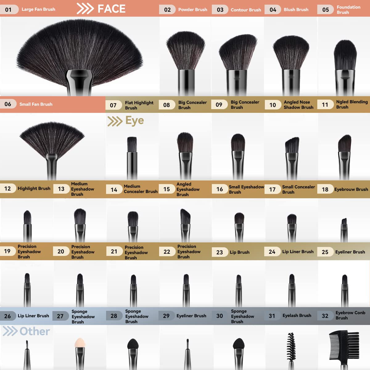 Set 32 Pinceles Y Brochas Maquillaje + Bolso Organizador Color Negro