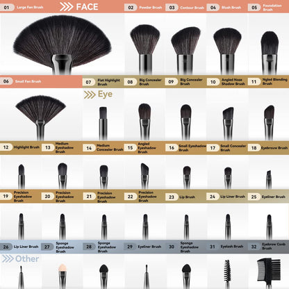 Set 32 Pinceles Y Brochas Maquillaje + Bolso Organizador Color Negro