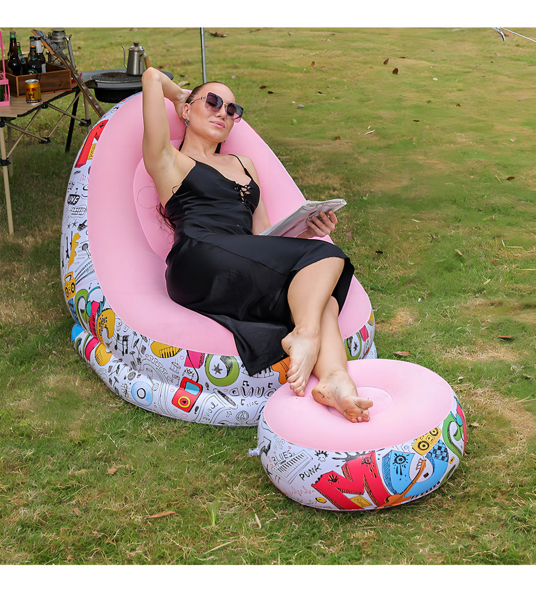 Sillón Inflable Forma Pera Flocado Rosa Con Reposapiés Soporta 195kg Grafiti Rosa