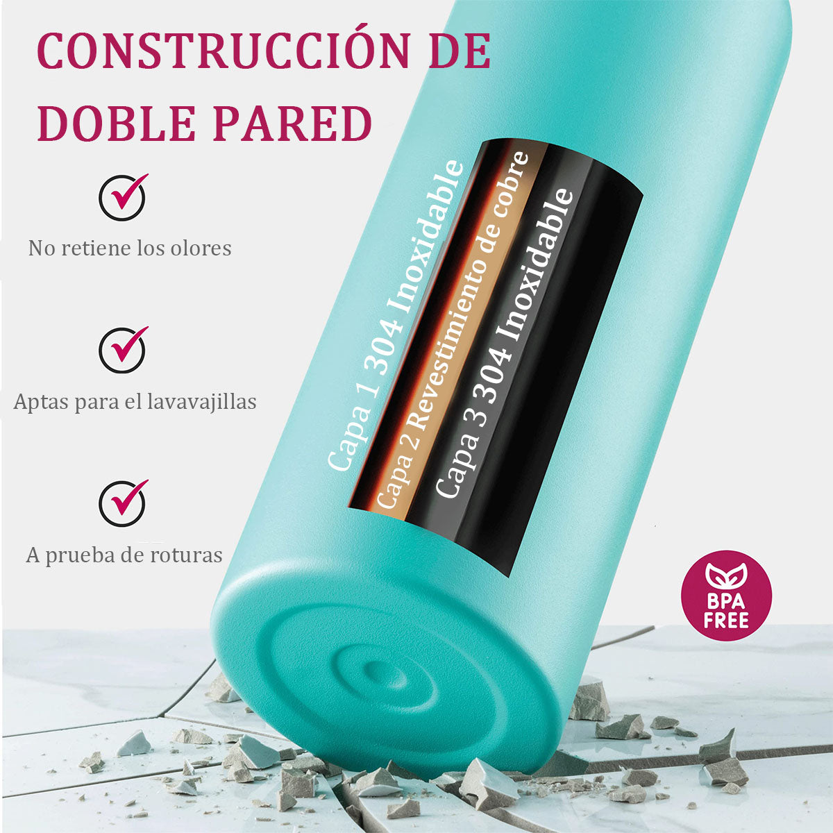 Termo Botella Agua Termica Acero Inoxidable Hoso + 2 Tapas