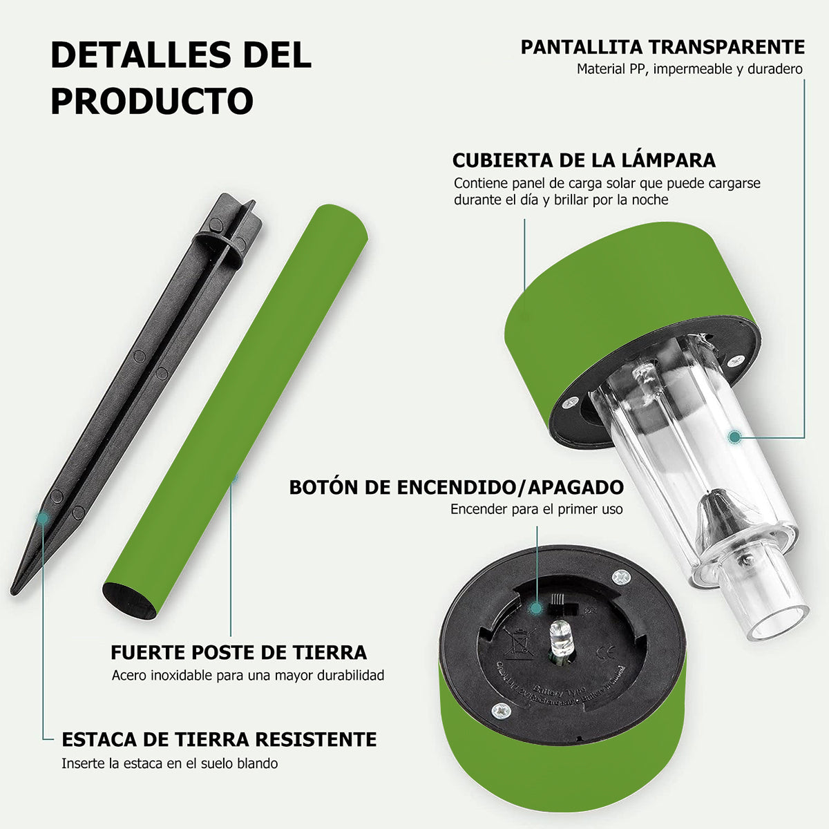 Luces Solares Exterior Lámpara Foco Jardín 10pcs 5colores Estructura Verde Claro