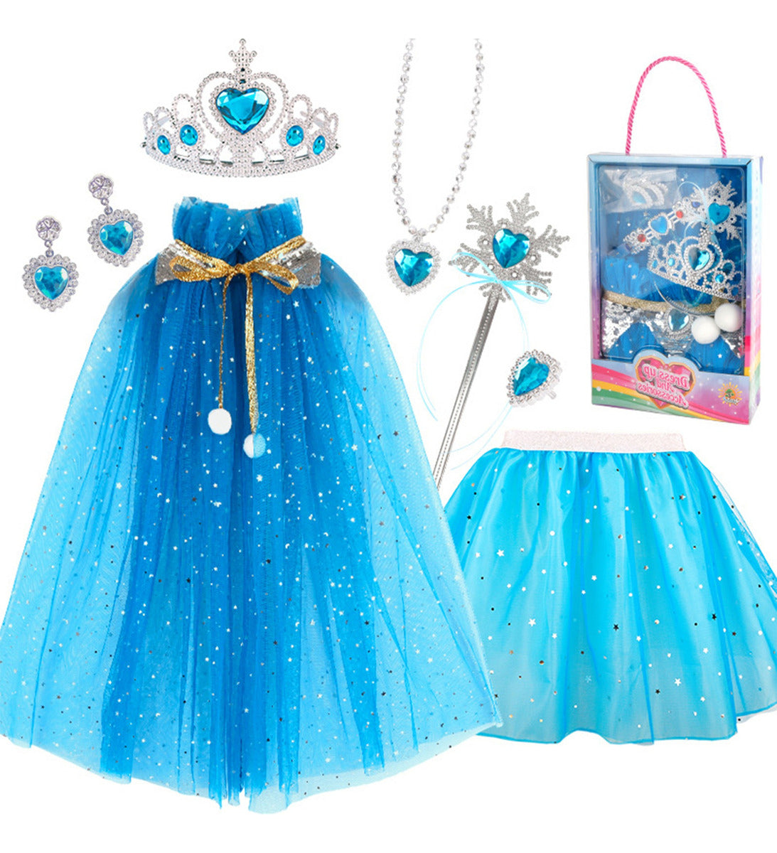 Vestido Princesa Halloween Niñas Capa Larga Brillante + Falda Corta Con Piedras