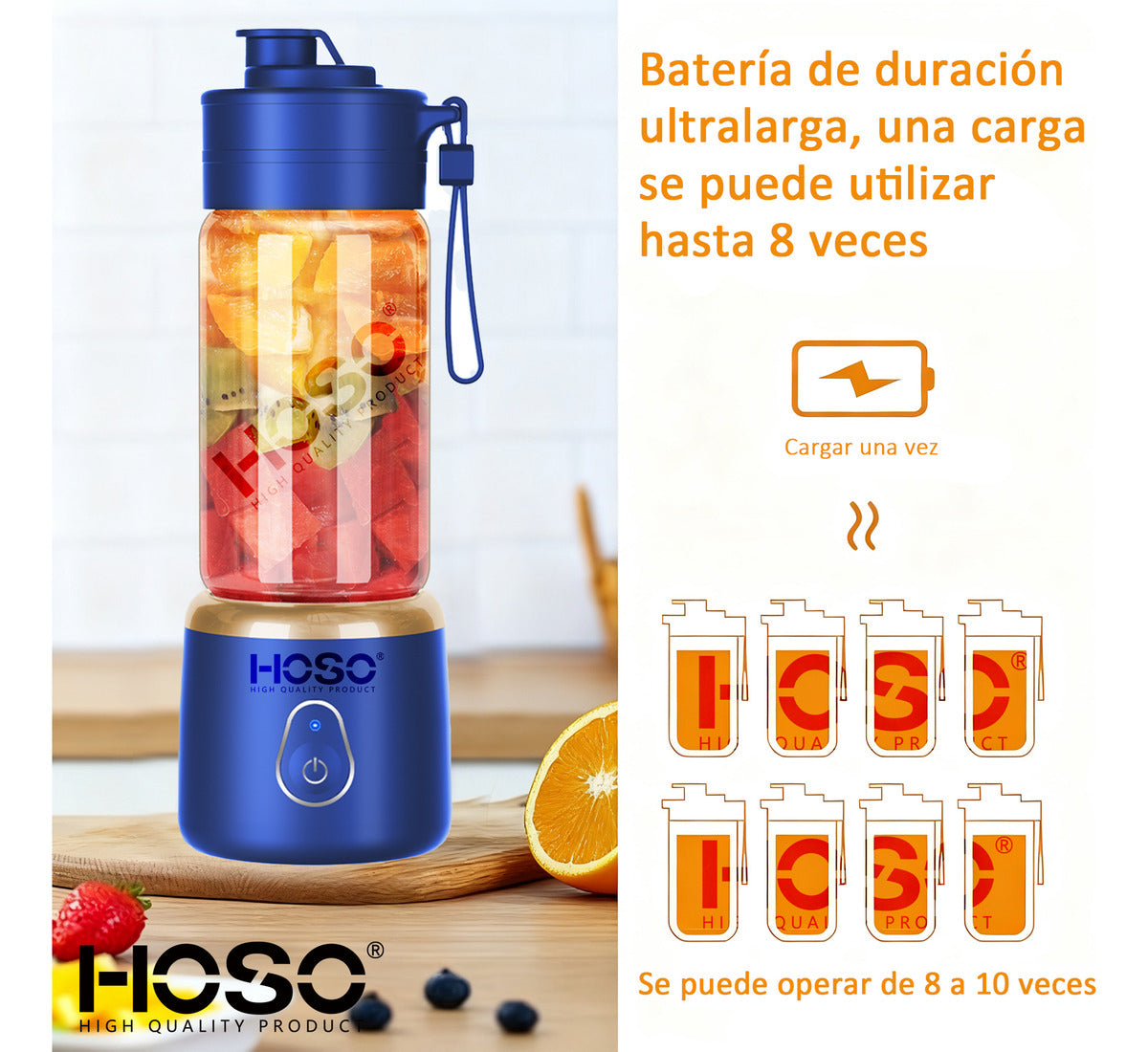 Licuadora Portatil Recargable 400ml + Vaso 500ml Con Tapa Color Azul