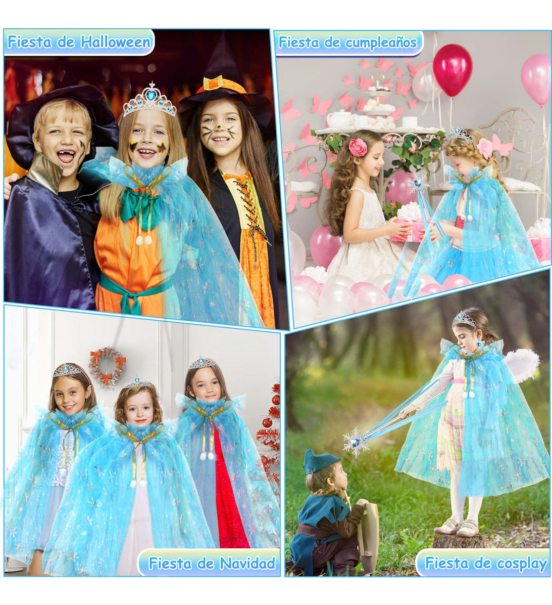 Vestido Princesa Halloween Niñas Capa Larga Brillante + Falda Corta Con Piedras