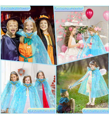 Vestido Princesa Halloween Niñas Capa Larga Brillante + Falda Corta Con Piedras