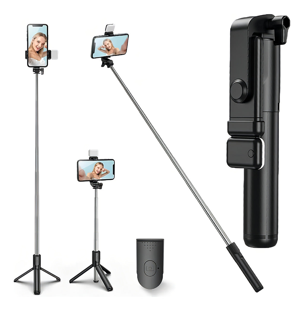 Trípode De Palo Selfie Para Móvil 1m Luz Control Bluetooth Color Negro