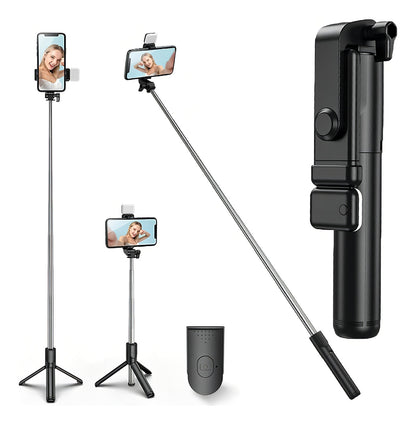 Trípode De Palo Selfie Para Móvil 1m Luz Control Bluetooth Color Negro