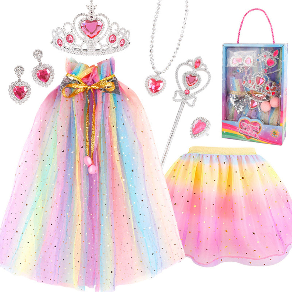 Vestido Princesa Halloween Niñas Capa Larga Brillante + Falda Corta Con Piedras