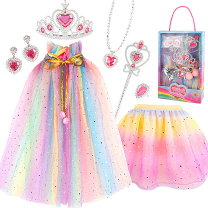 Vestido Princesa Halloween Niñas Capa Larga Brillante + Falda Corta Con Piedras