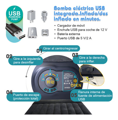 Usb Colchón Cama Hinchable Electrico 3 Plaza 183cm Almohada Color Negro