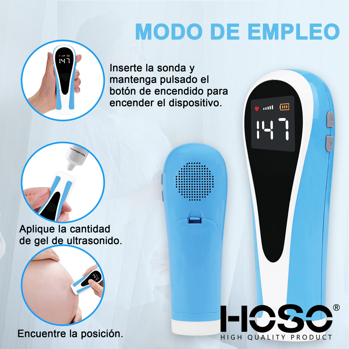 Hoso Doppler Fetal 3 Mhz Celeste 3v Con Gel Ultrasonido