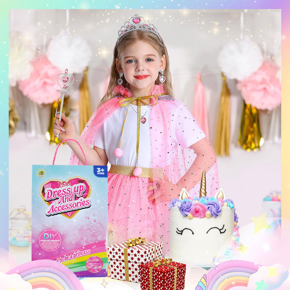 Vestido Princesa Halloween Niñas Capa Larga Brillante + Falda Corta Con Piedras
