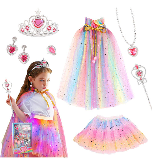Vestido Princesa Halloween Niñas Capa Larga Brillante + Falda Corta Con Piedras