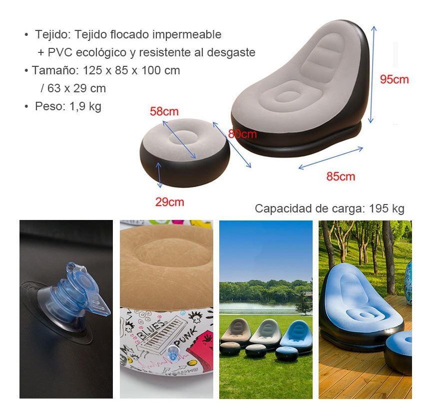 Camping Sofá De Ocio Tumbona Silla Inflable Reposa Pies Puff