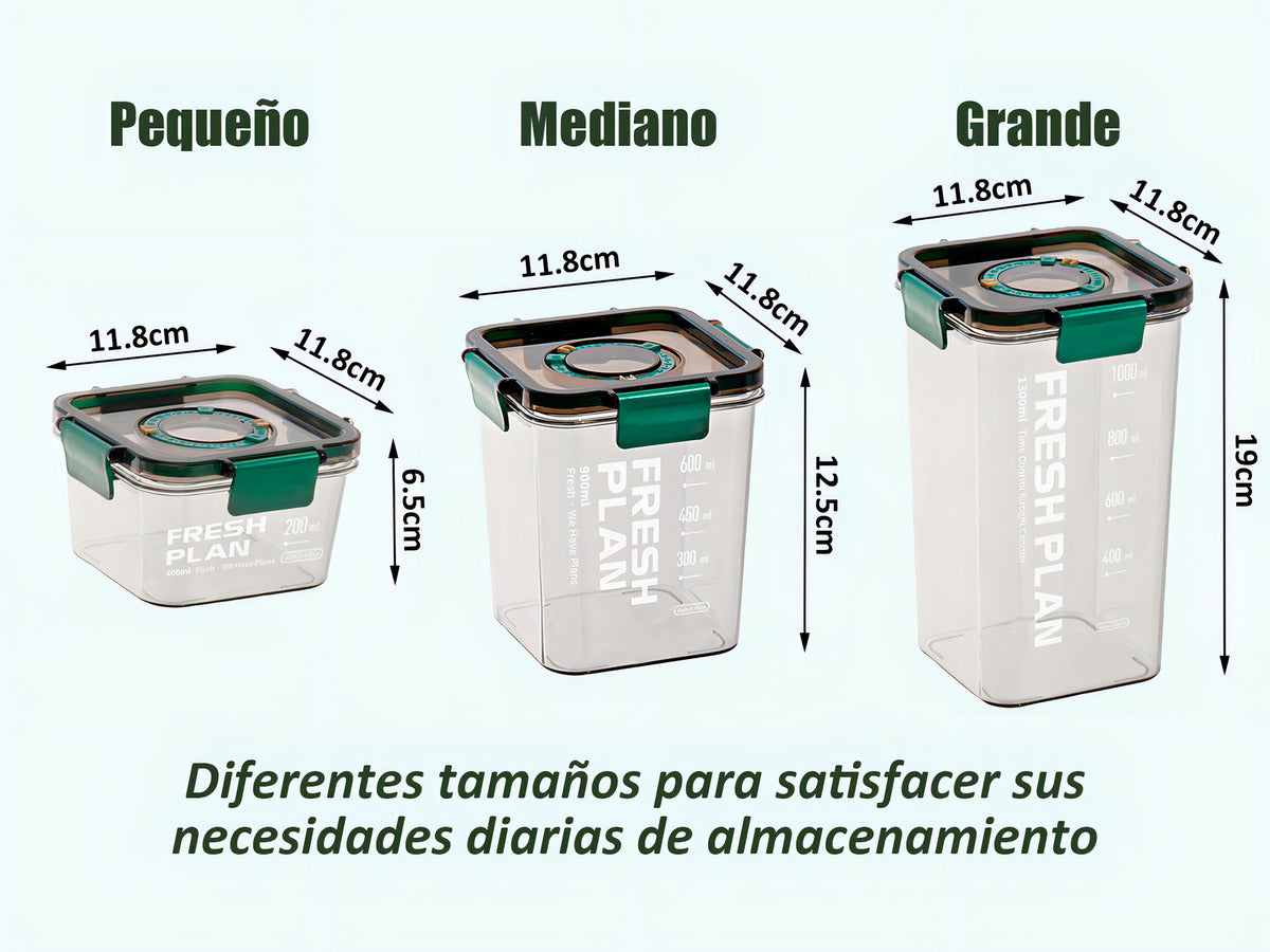 3 Frascos Herméticos Plástico Verde Oscuro Con Calendario