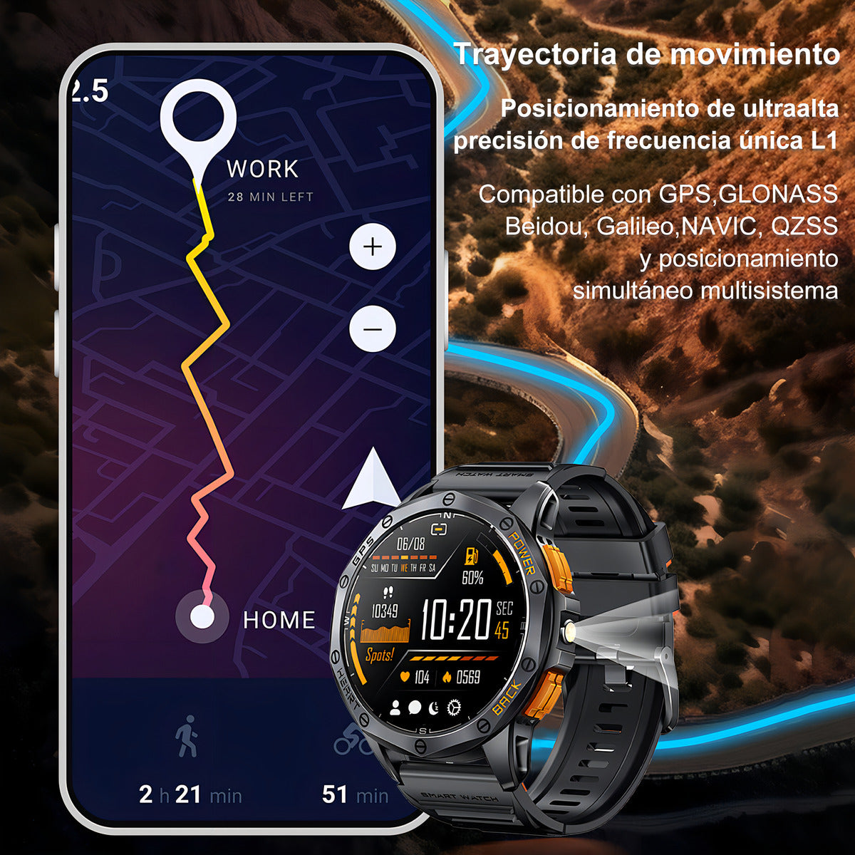 Militar Reloj Smartwatch Hombre Con Linterna Bluetooth Gps Caja Negro