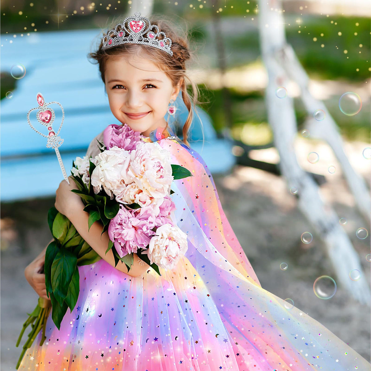 Vestido Princesa Halloween Niñas Capa Larga Brillante + Falda Corta Con Piedras