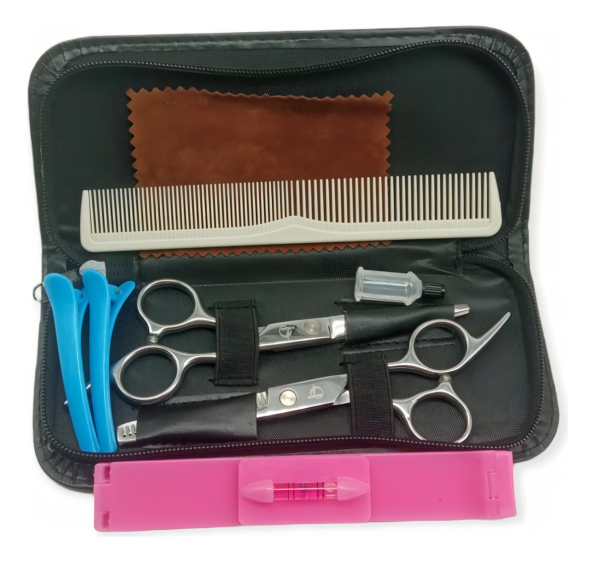 Set Tijera Filo Navaja+esculpidora+estuche+peine Nivelador