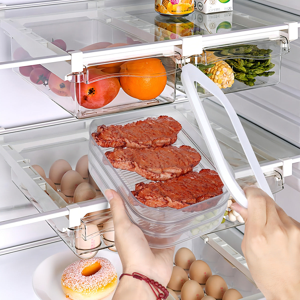 Contenedor Plástico Para Carne Triple Con Tapa Frescura Color Transparente