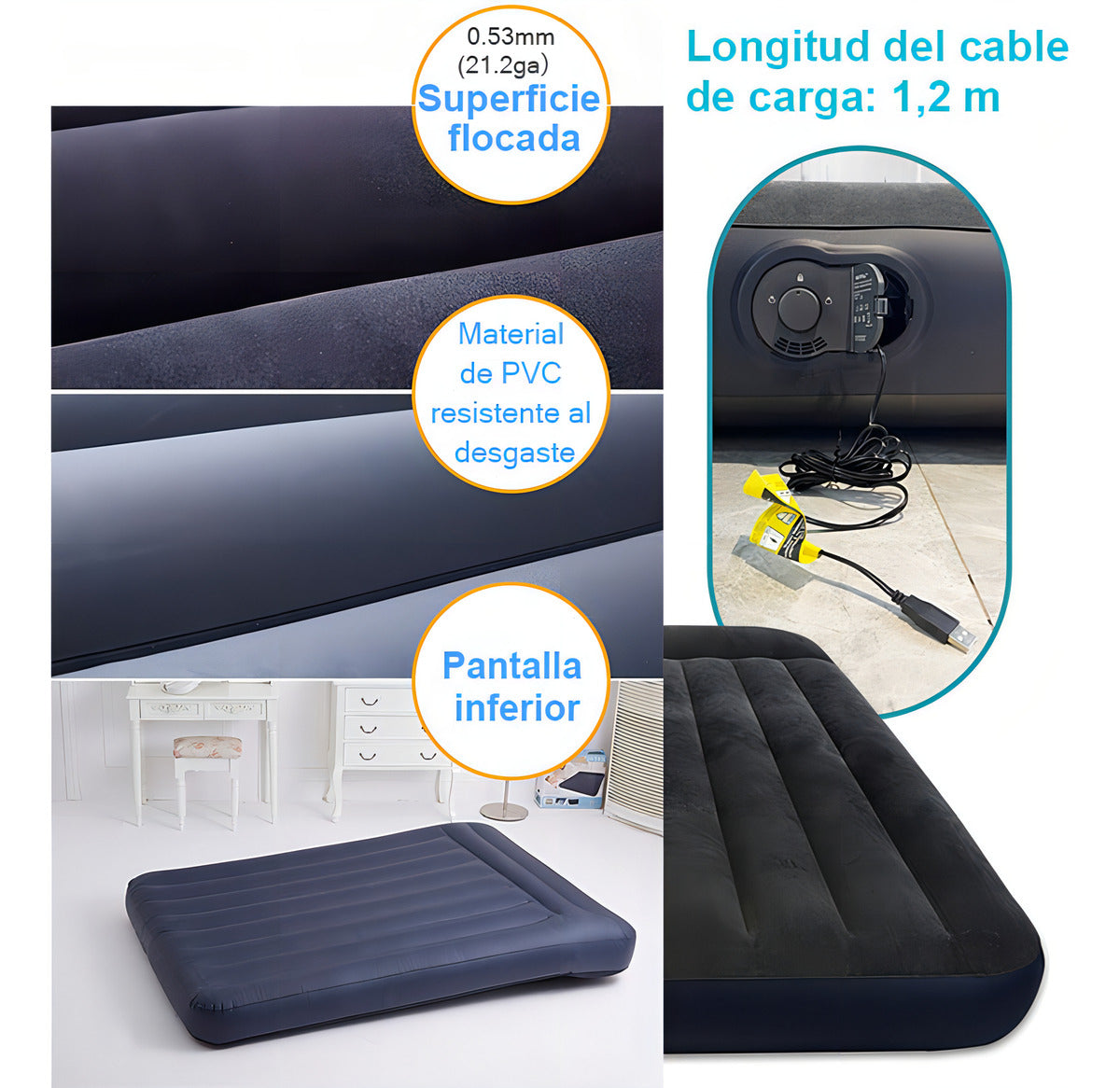 Usb Colchón Cama Hinchable Electrico 3 Plaza 183cm Almohada Color Negro