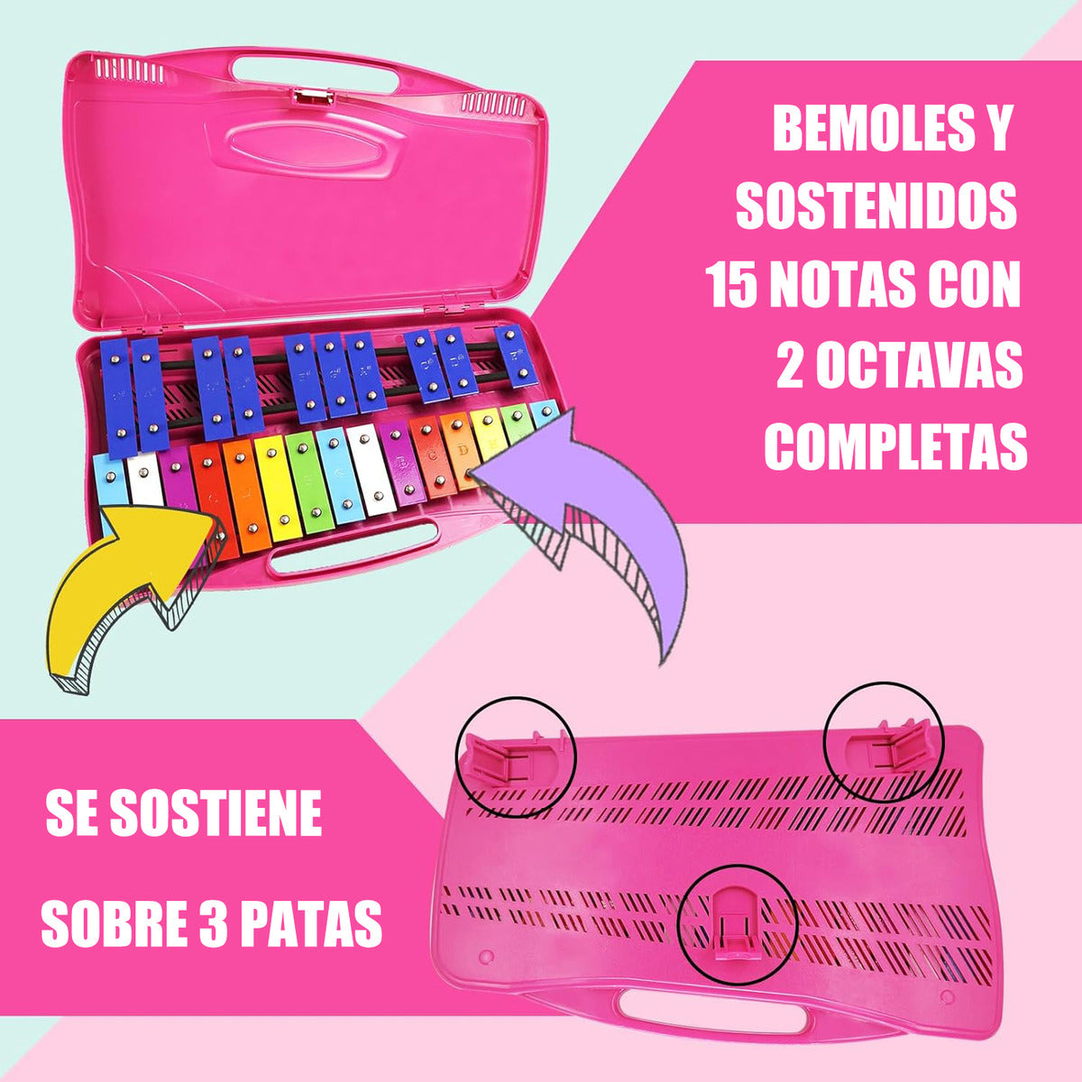 Metalófono Escolares Cromático Percusión 25 Notas 4 Colores