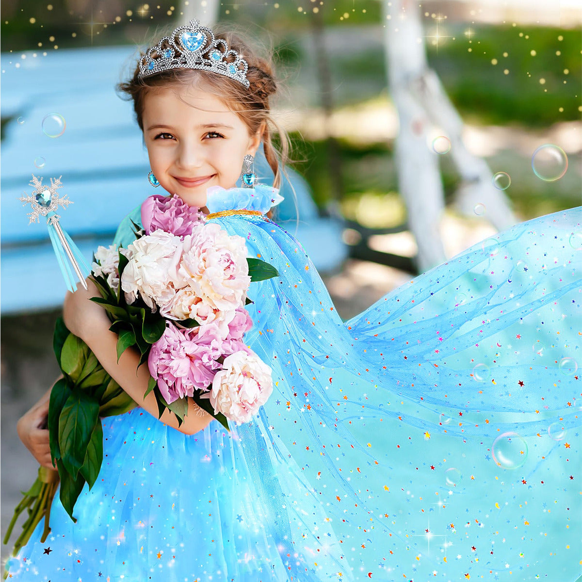 Vestido Princesa Halloween Niñas Capa Larga Brillante + Falda Corta Con Piedras