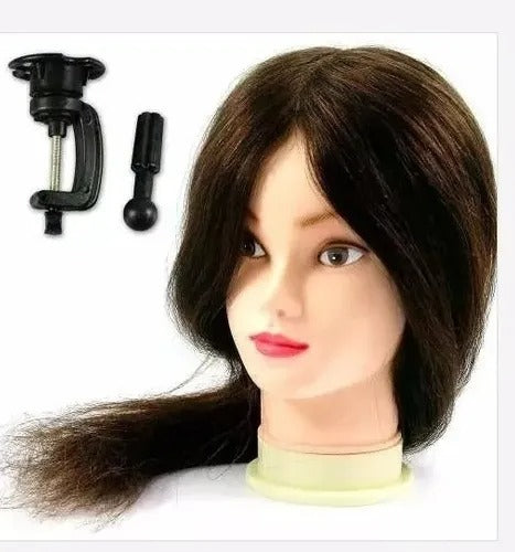 Cabeza De Práctica Con Cabello Natural Marrón Claro 55cm + Soporte